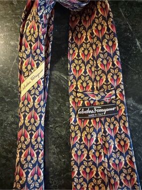 Salvatore Ferragamo Navy Blue Red and Gold Bird Motif Silk Tie